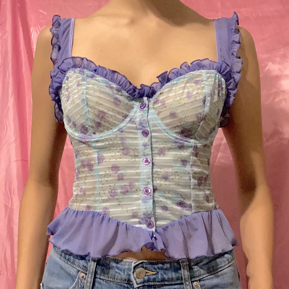 Y2K Blue Rose See-Through Ruffle Crop Top w/Underwire